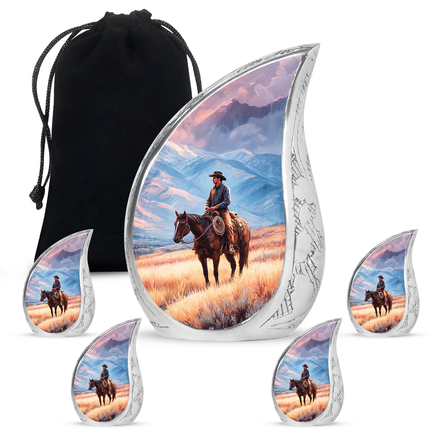 Powder Blue Cowboy Cremation Urn side profile showing urn shape - flowing teardrop cowboy silhouette on curved aluminum - memorial set with one large and four small urns