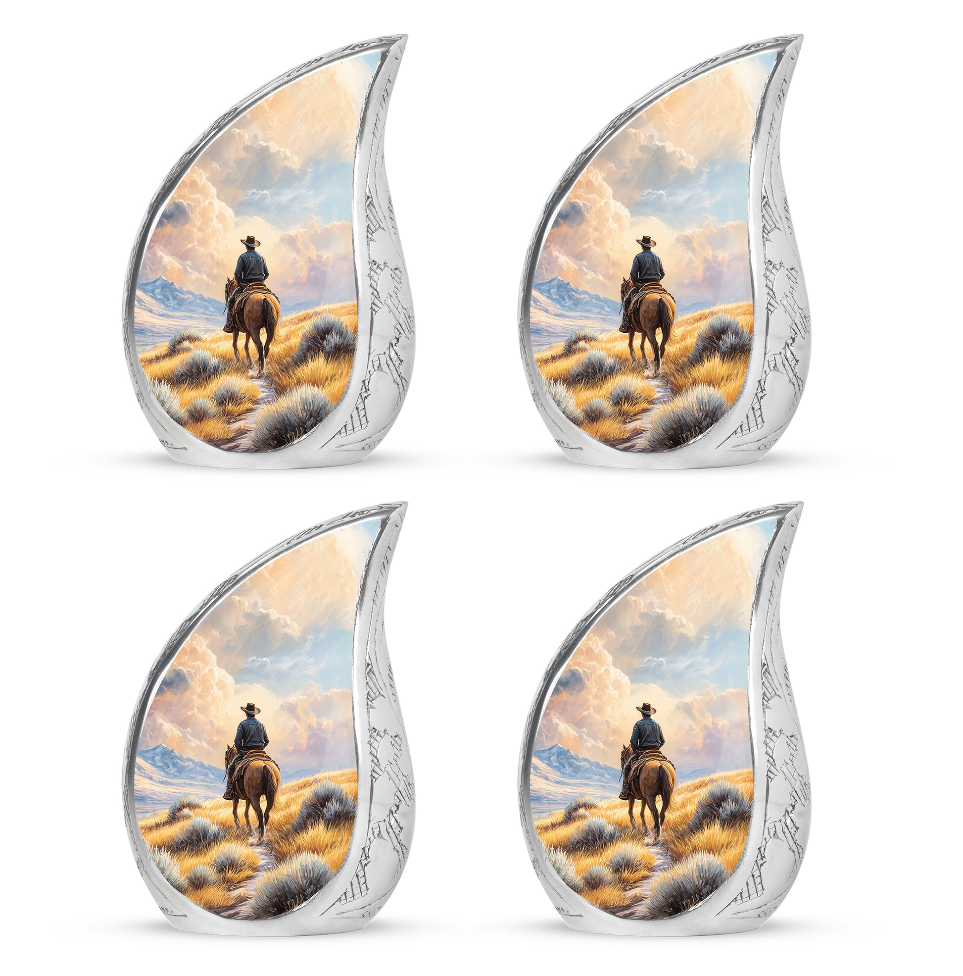 Amber Gold Cowboy Cremation Urn close-up of engraving and surface detail - flowing teardrop cowboy silhouette on curved aluminum - 10 inch aluminum urn for cremated remains