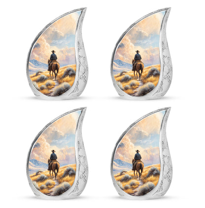 Amber Gold Cowboy Cremation Urn close-up of engraving and surface detail - flowing teardrop cowboy silhouette on curved aluminum - 10 inch aluminum urn for cremated remains