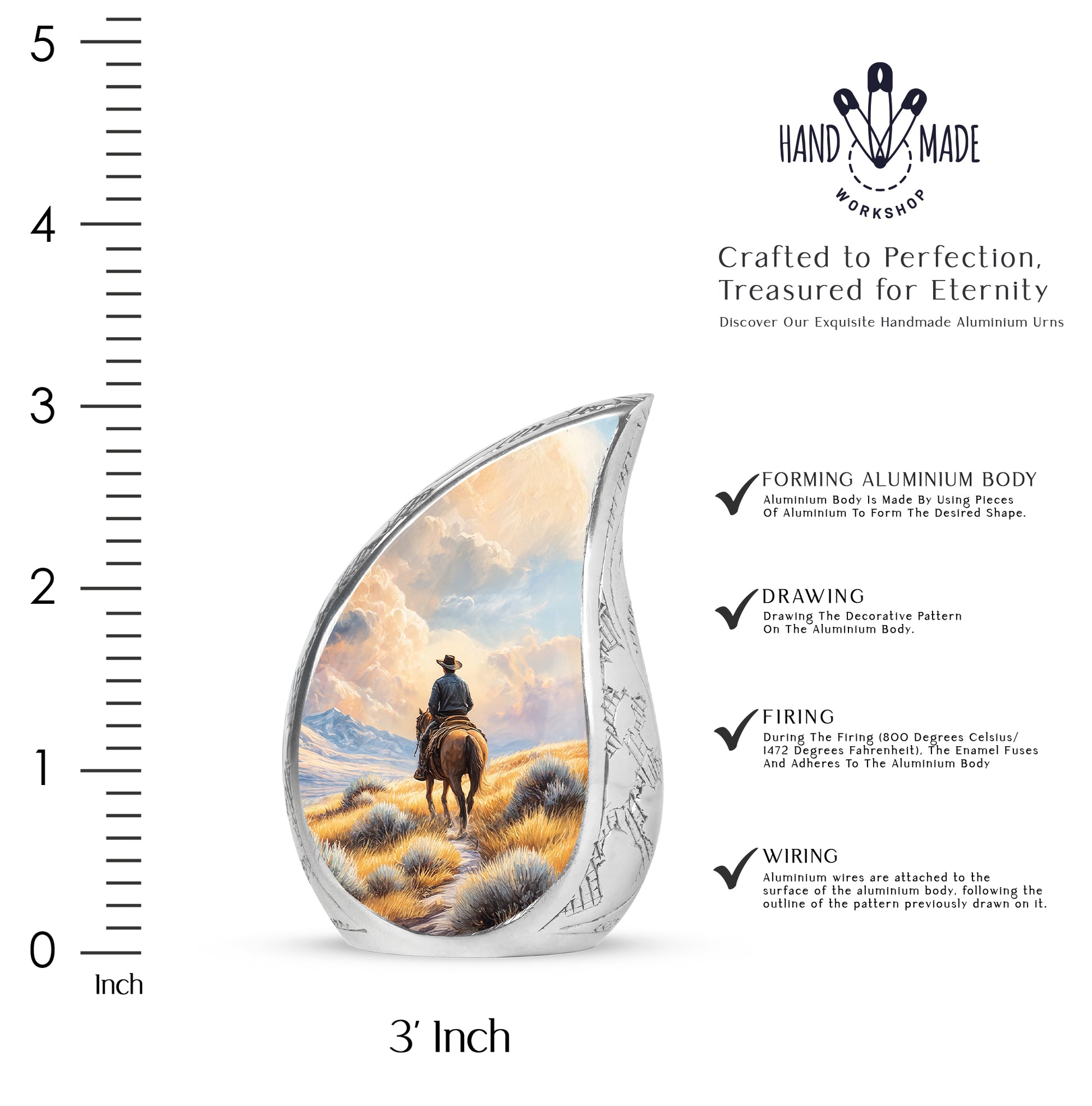 Matte Gold Cowboy Cremation Urn angled view of lid and engraved motif - graceful tear-shaped urn with cowboy motif - mini keepsake memorial for portion of cremation ashes