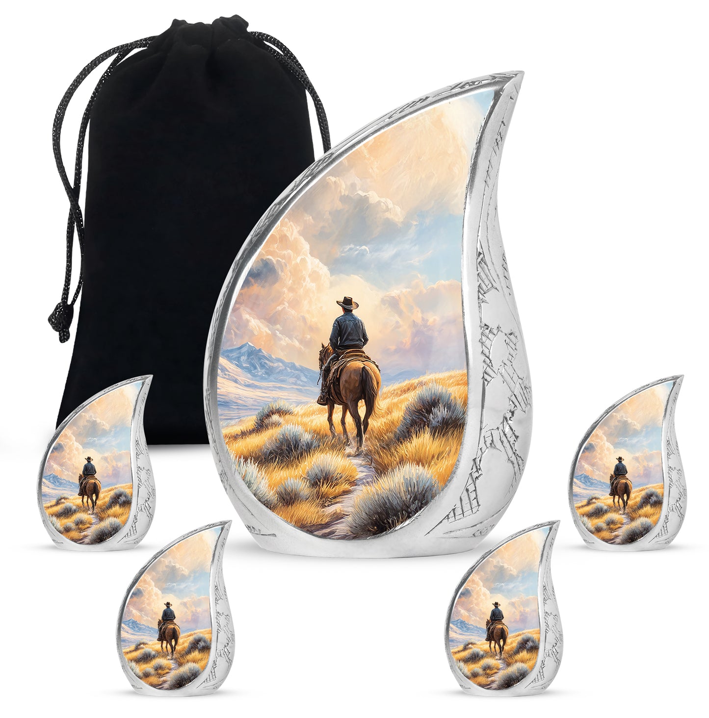 Matte Gold Cowboy Cremation Urn side profile showing urn shape - smooth teardrop contour featuring cowboy art - memorial set with one large and four small urns