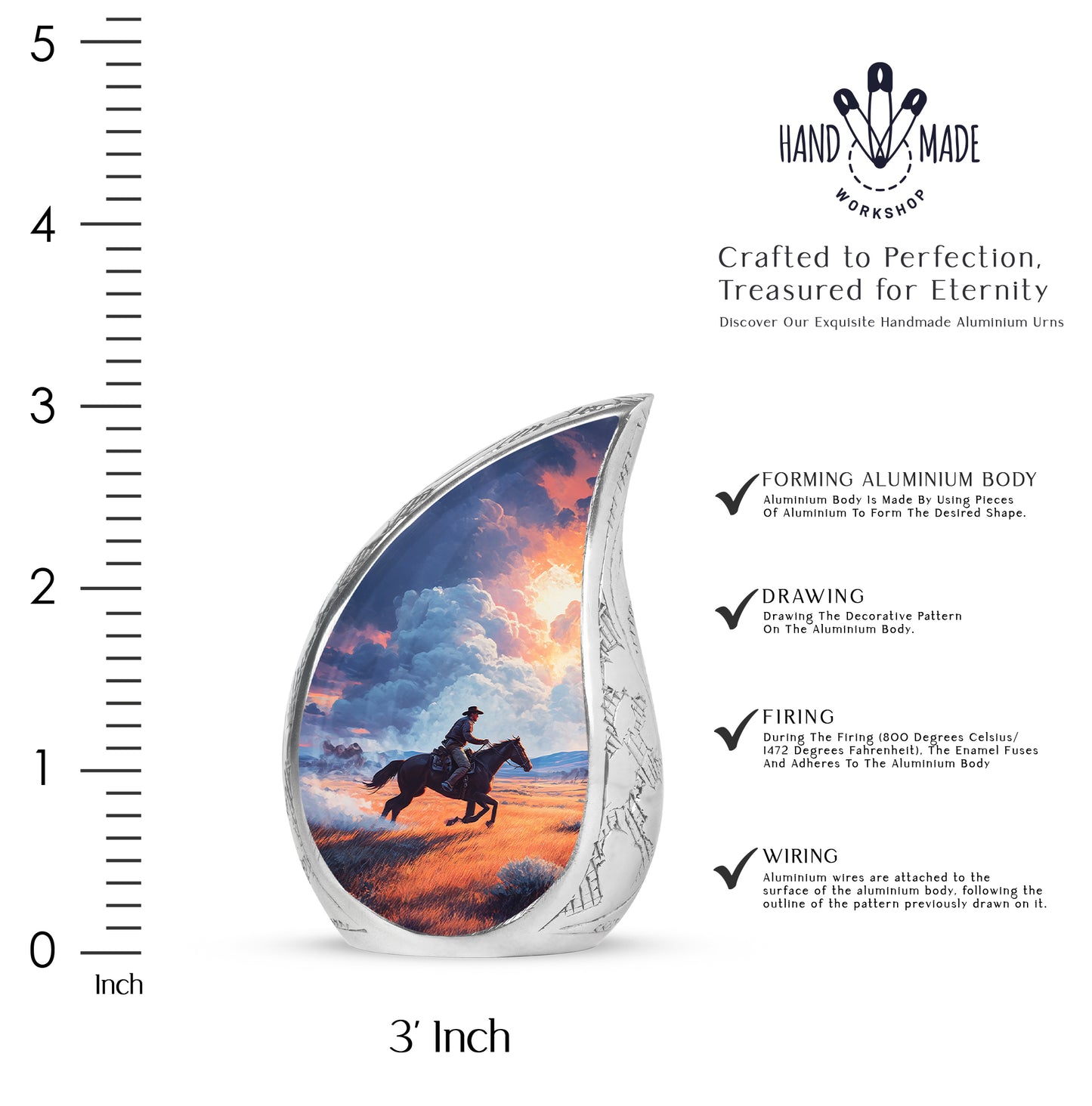 Celestial Blue Cowboy Cremation Urn angled view of lid and engraved motif - flowing teardrop cowboy silhouette on curved aluminum - mini keepsake memorial for portion of cremation ashes