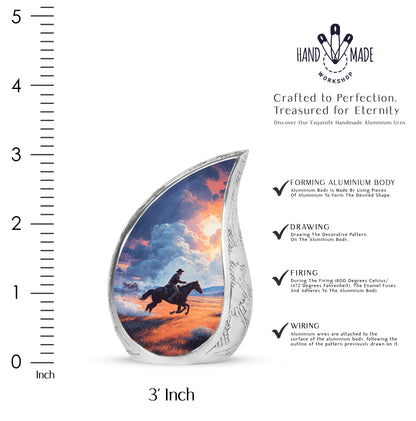 Celestial Blue Cowboy Cremation Urn angled view of lid and engraved motif - flowing teardrop cowboy silhouette on curved aluminum - mini keepsake memorial for portion of cremation ashes