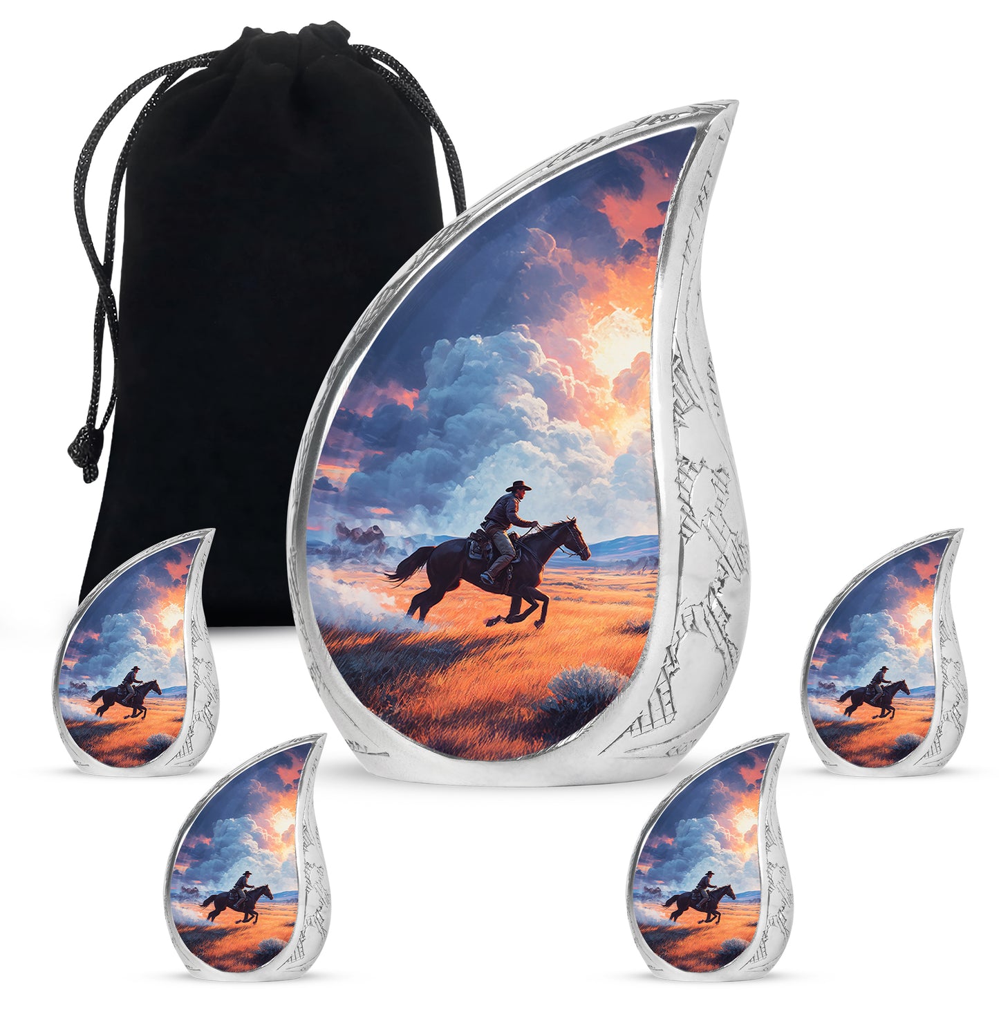 Calming Blue Cowboy Cremation Urn side profile showing urn shape - graceful tear-shaped urn with cowboy motif - memorial set with one large and four small urns