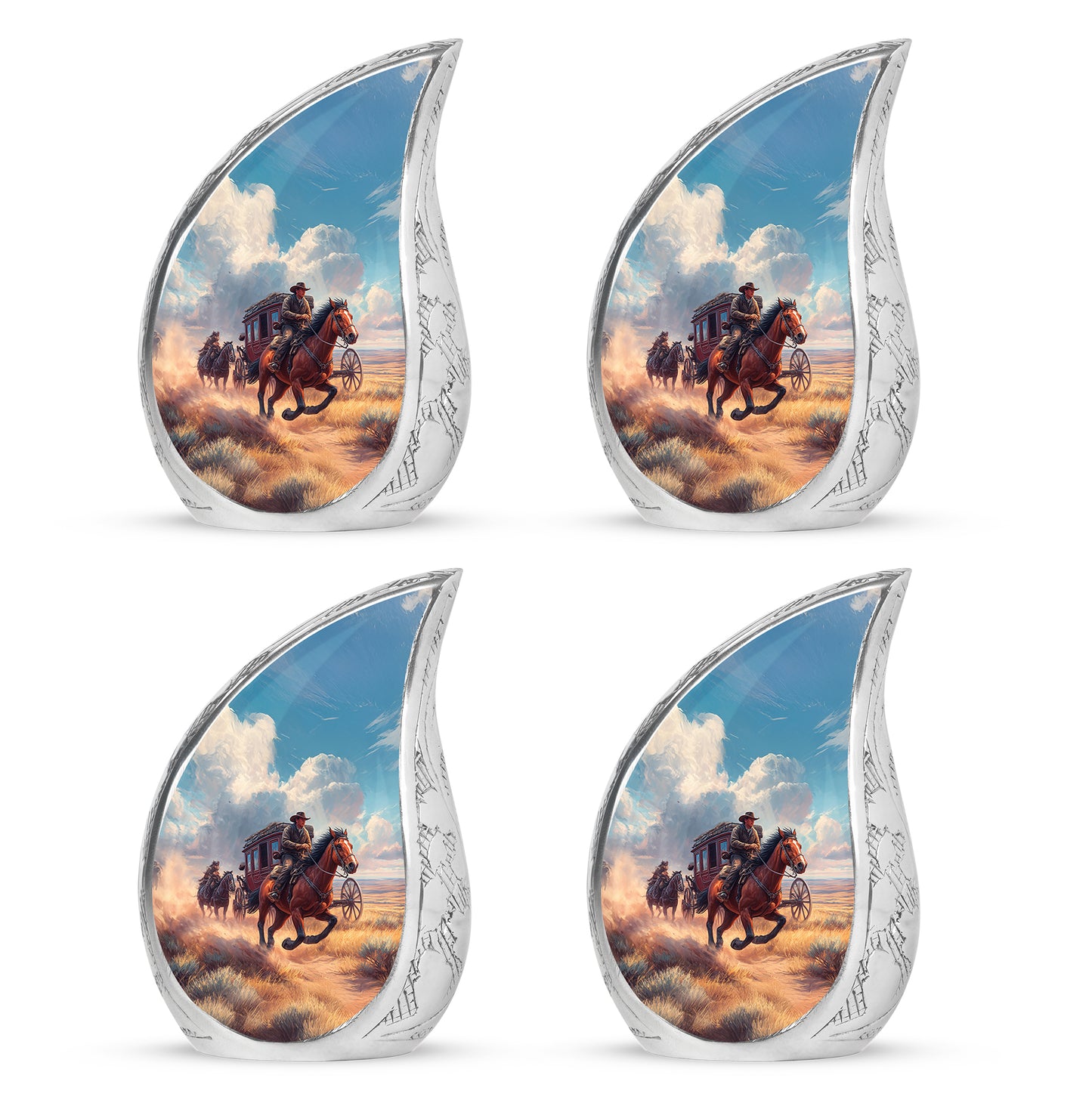 Powder Blue Cowboy Cremation Urn close-up of engraving and surface detail - rounded teardrop cowboy design with delicate detail - 10 inch aluminum urn for cremated remains