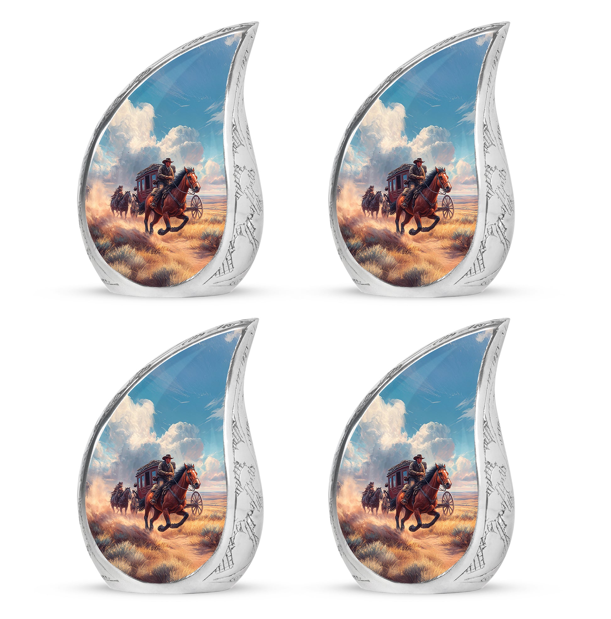 Powder Blue Cowboy Cremation Urn close-up of engraving and surface detail - rounded teardrop cowboy design with delicate detail - 10 inch aluminum urn for cremated remains