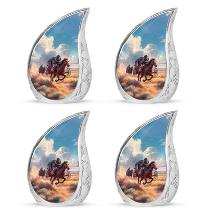 Powder Blue Cowboy Cremation Urn close-up of engraving and surface detail - rounded teardrop cowboy design with delicate detail - 10 inch aluminum urn for cremated remains