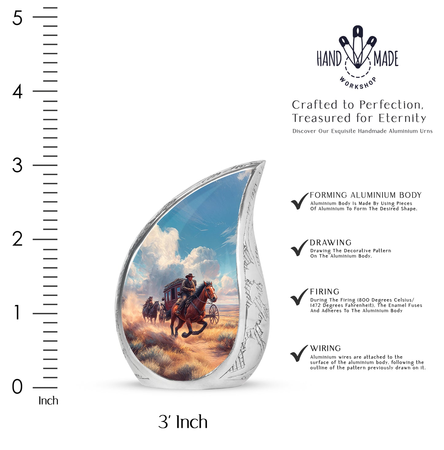 Azure Cowboy Cremation Urn angled view of lid and engraved motif - flowing teardrop cowboy silhouette on curved aluminum - mini keepsake memorial for portion of cremation ashes