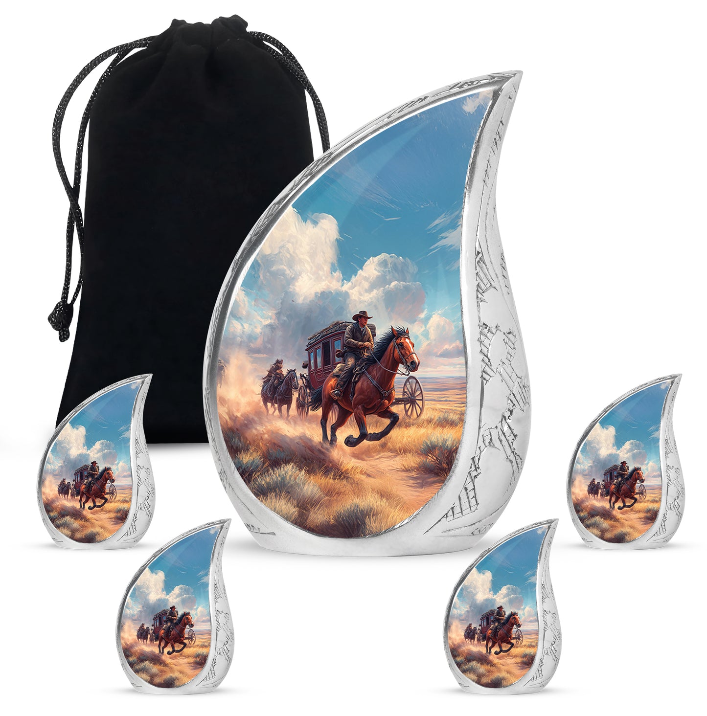 Cobalt Blue Cowboy Cremation Urn side profile showing urn shape - graceful tear-shaped urn with cowboy motif - memorial set with one large and four small urns