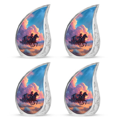 Steel Blue Cowboy Cremation Urn close-up of engraving and surface detail - graceful tear-shaped urn with cowboy motif - 10 inch aluminum urn for cremated remains