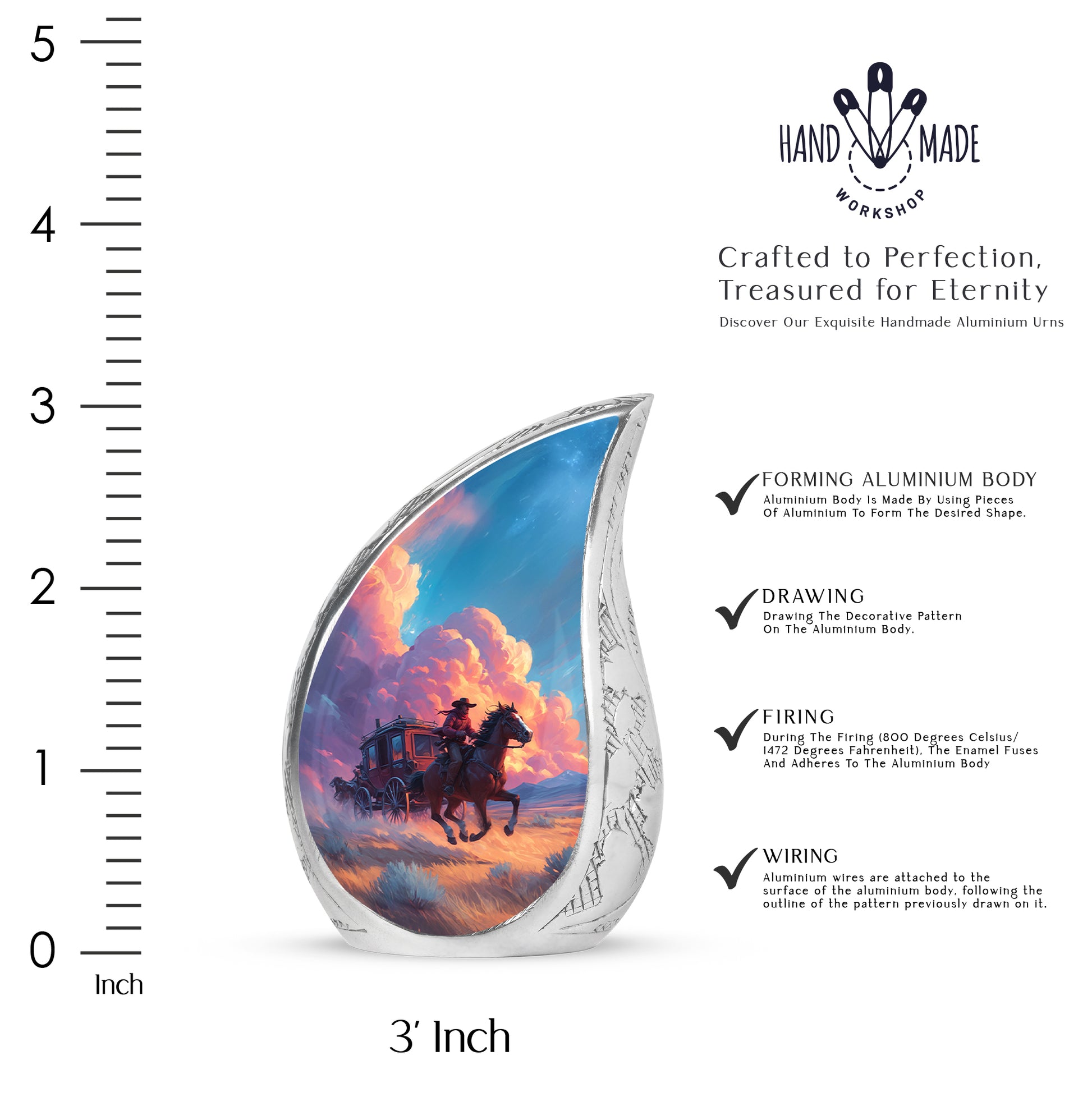 Indigo Cowboy Cremation Urn angled view of lid and engraved motif - flowing teardrop cowboy silhouette on curved aluminum - mini keepsake memorial for portion of cremation ashes