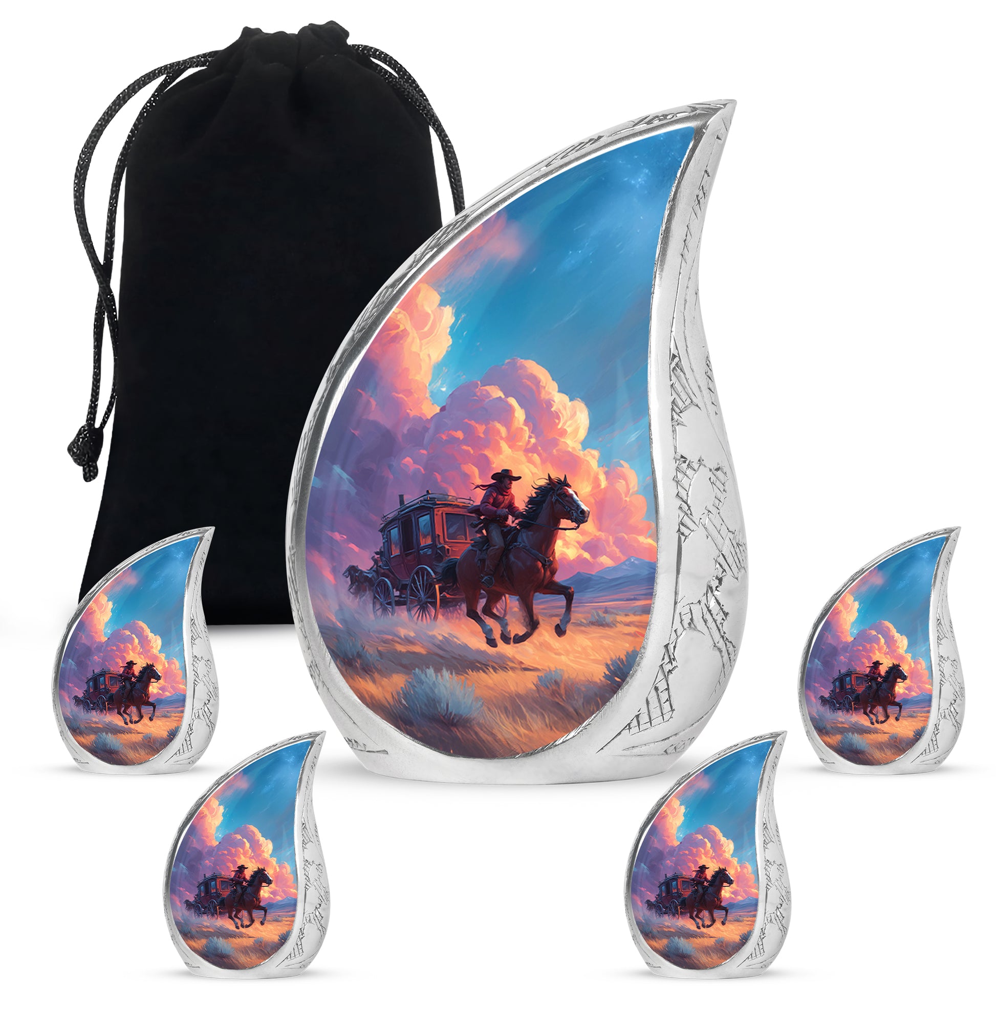 Calming Blue Cowboy Cremation Urn side profile showing urn shape - graceful tear-shaped urn with cowboy motif - memorial set with one large and four small urns