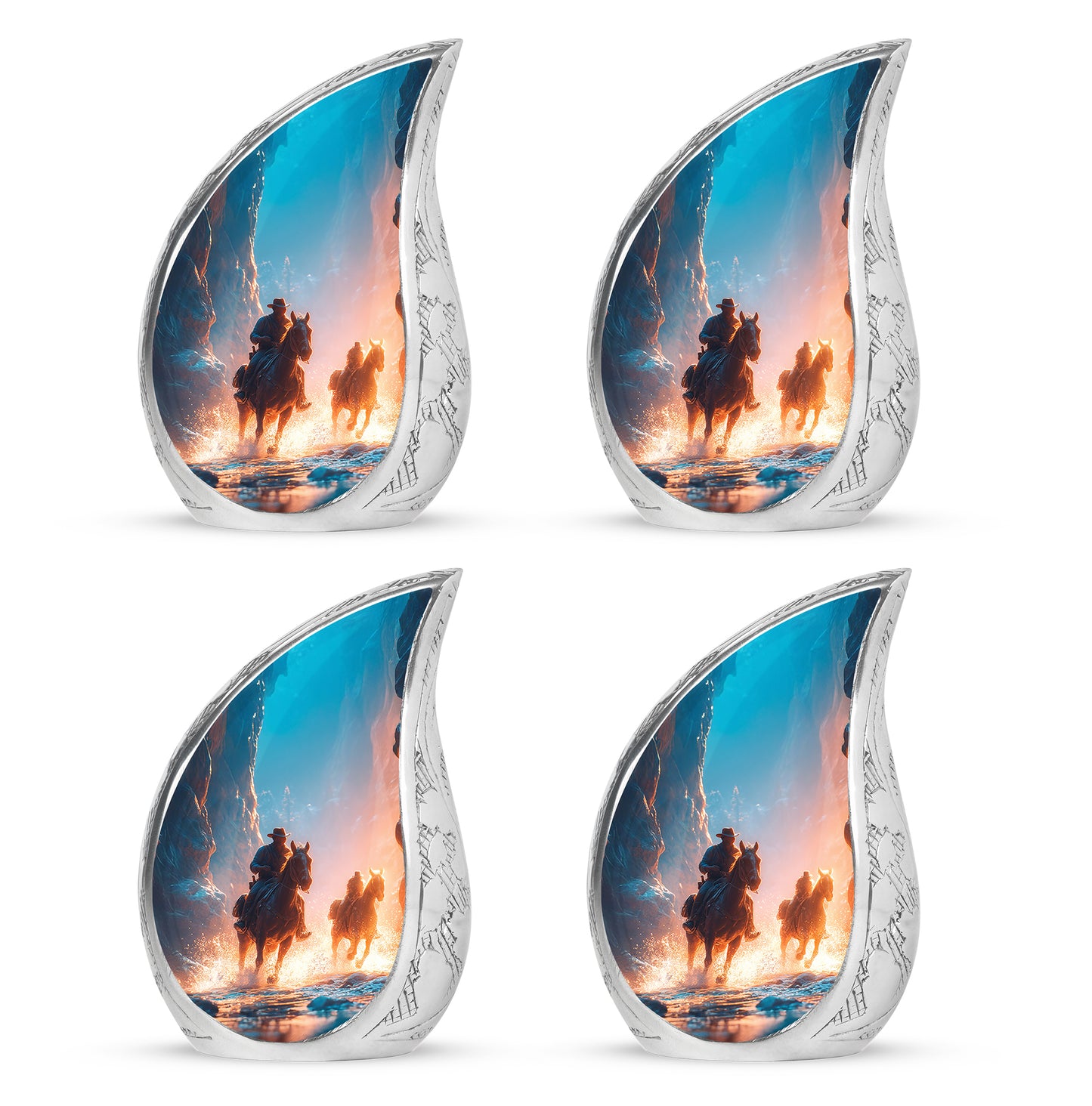 Celestial Blue Cowboy Cremation Urn close-up of engraving and surface detail - rounded teardrop cowboy design with delicate detail - 10 inch aluminum urn for cremated remains