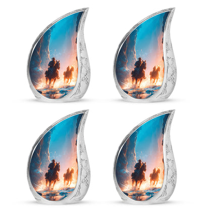 Celestial Blue Cowboy Cremation Urn close-up of engraving and surface detail - rounded teardrop cowboy design with delicate detail - 10 inch aluminum urn for cremated remains