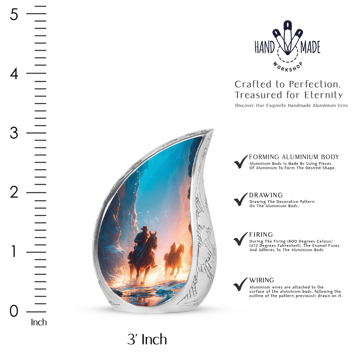 Twilight Blue Cowboy Cremation Urn angled view of lid and engraved motif - graceful tear-shaped urn with cowboy motif - mini keepsake memorial for portion of cremation ashes