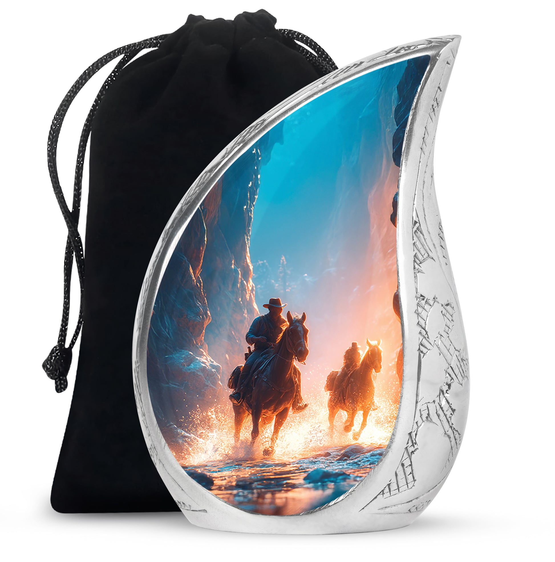 Azure Cowboy Cremation Urn front view showing detailed design - flowing teardrop cowboy silhouette on curved aluminum - full-size 10 inch 200 cubic inch adult cremation urn