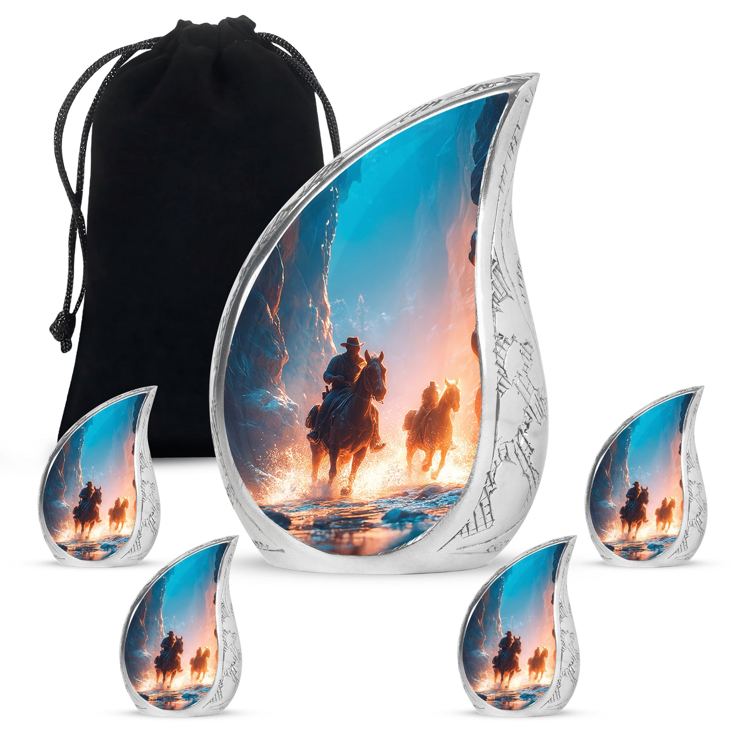 Sapphire Blue Cowboy Cremation Urn side profile showing urn shape - smooth teardrop contour featuring cowboy art - memorial set with one large and four small urns