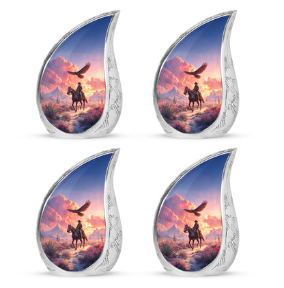 Lavender Purple Cowboy Cremation Urn close-up of engraving and surface detail - smooth teardrop contour featuring cowboy art - 10 inch aluminum urn for cremated remains