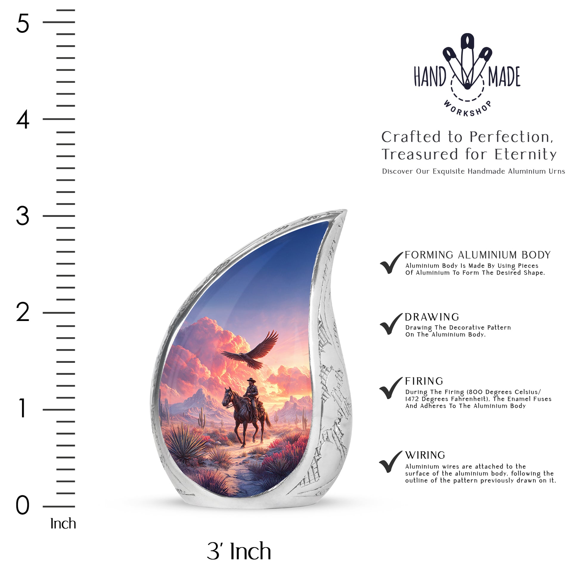 Orchid Purple Cowboy Cremation Urn angled view of lid and engraved motif - rounded teardrop cowboy design with delicate detail - mini keepsake memorial for portion of cremation ashes