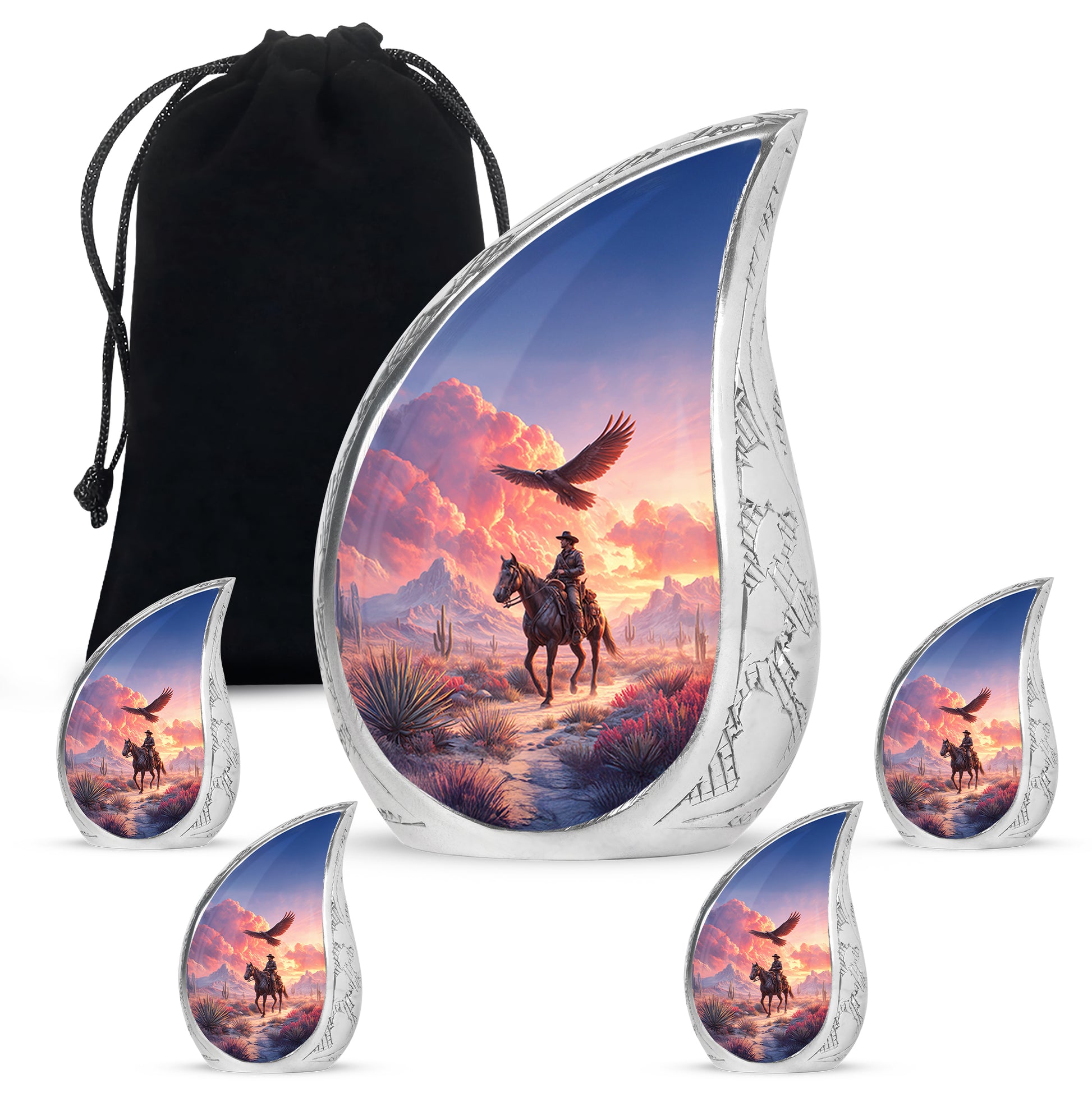 Amethyst Purple Cowboy Cremation Urn side profile showing urn shape - flowing teardrop cowboy silhouette on curved aluminum - memorial set with one large and four small urns
