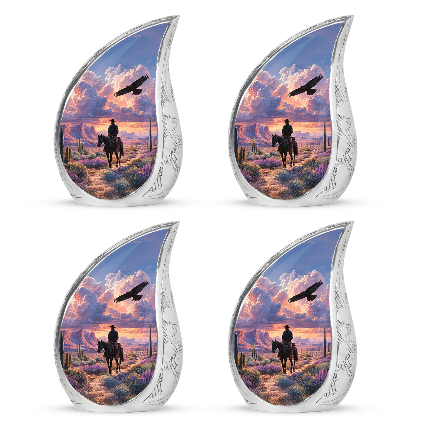 Cornflower Blue Cowboy Cremation Urn close-up of engraving and surface detail - graceful tear-shaped urn with cowboy motif - 10 inch aluminum urn for cremated remains