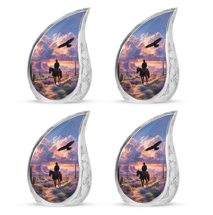 Cornflower Blue Cowboy Cremation Urn close-up of engraving and surface detail - graceful tear-shaped urn with cowboy motif - 10 inch aluminum urn for cremated remains