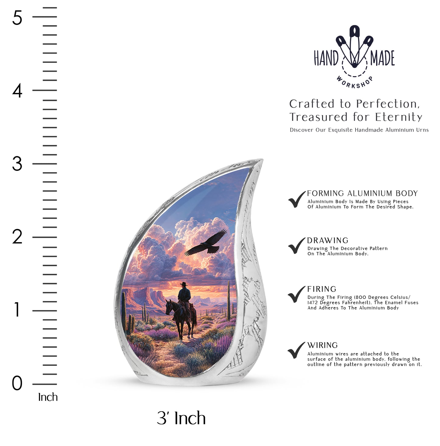 Sapphire Blue Cowboy Cremation Urn angled view of lid and engraved motif - smooth teardrop contour featuring cowboy art - mini keepsake memorial for portion of cremation ashes
