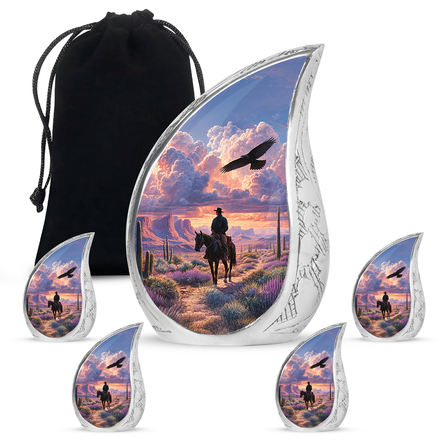 Dusty Blue Cowboy Cremation Urn side profile showing urn shape - flowing teardrop cowboy silhouette on curved aluminum - memorial set with one large and four small urns