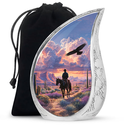 Vivid Blue Cowboy Cremation Urn front view showing detailed design - graceful tear-shaped urn with cowboy motif - full-size 10 inch 200 cubic inch adult cremation urn