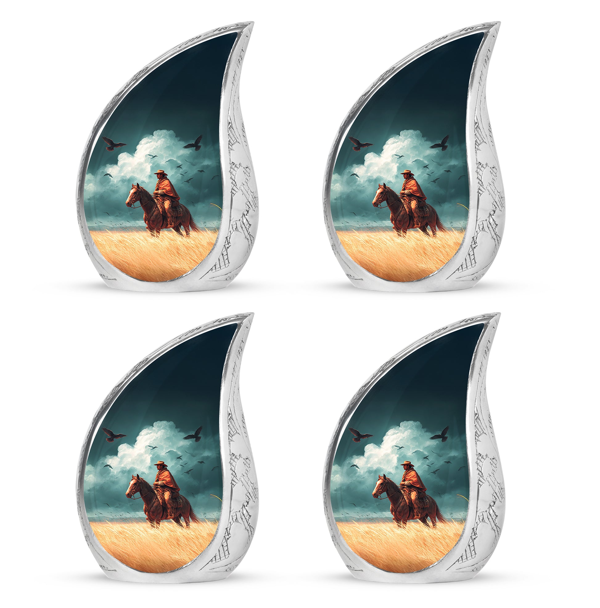 Tropical Teal Cowboy Cremation Urn close-up of engraving and surface detail - graceful tear-shaped urn with cowboy motif - 10 inch aluminum urn for cremated remains