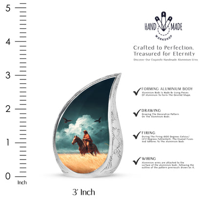 Cool Teal Cowboy Cremation Urn angled view of lid and engraved motif - flowing teardrop cowboy silhouette on curved aluminum - mini keepsake memorial for portion of cremation ashes