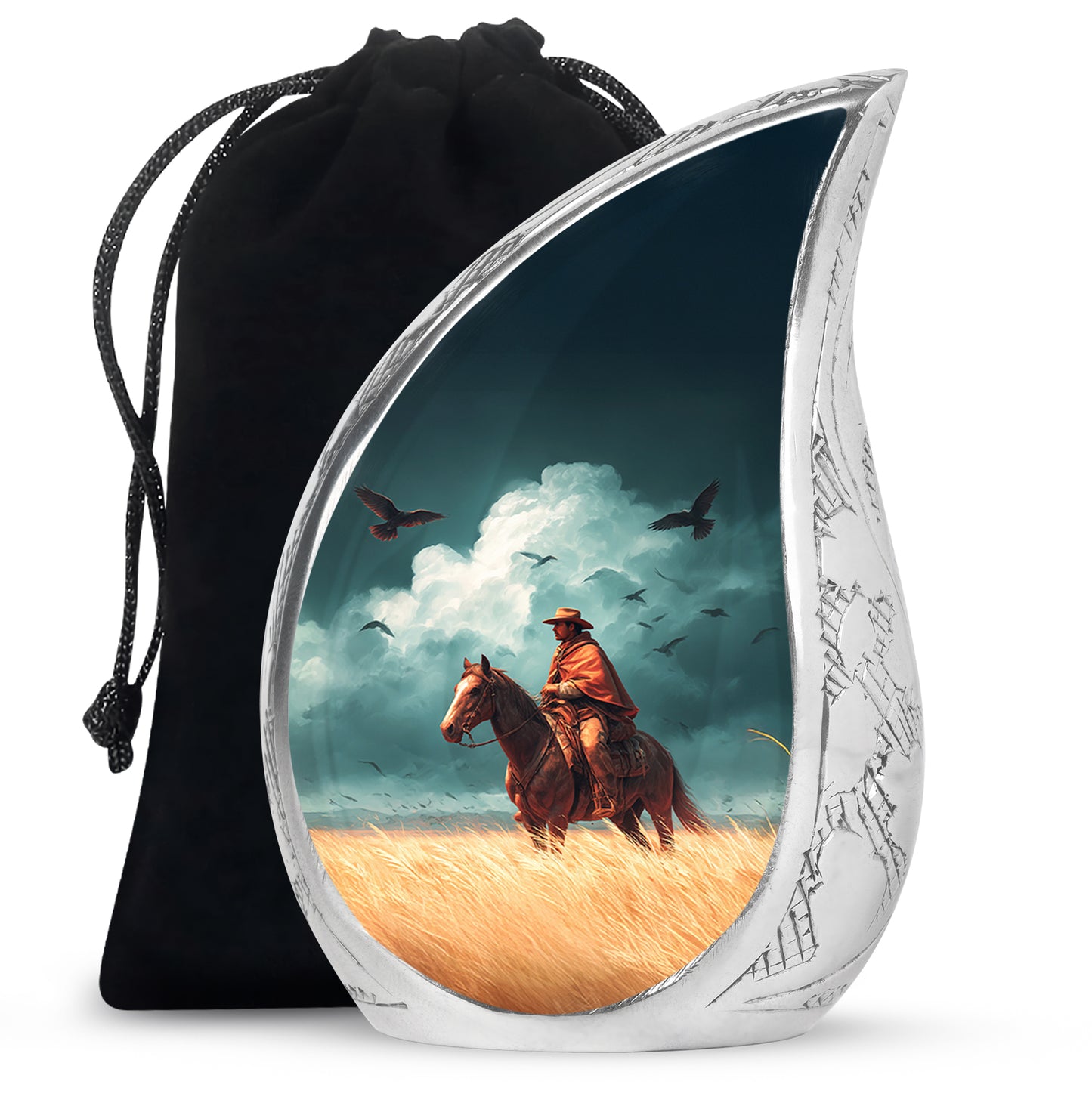 Tropical Teal Cowboy Cremation Urn front view showing detailed design - graceful tear-shaped urn with cowboy motif - full-size 10 inch 200 cubic inch adult cremation urn