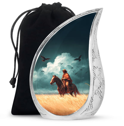Tropical Teal Cowboy Cremation Urn front view showing detailed design - graceful tear-shaped urn with cowboy motif - full-size 10 inch 200 cubic inch adult cremation urn