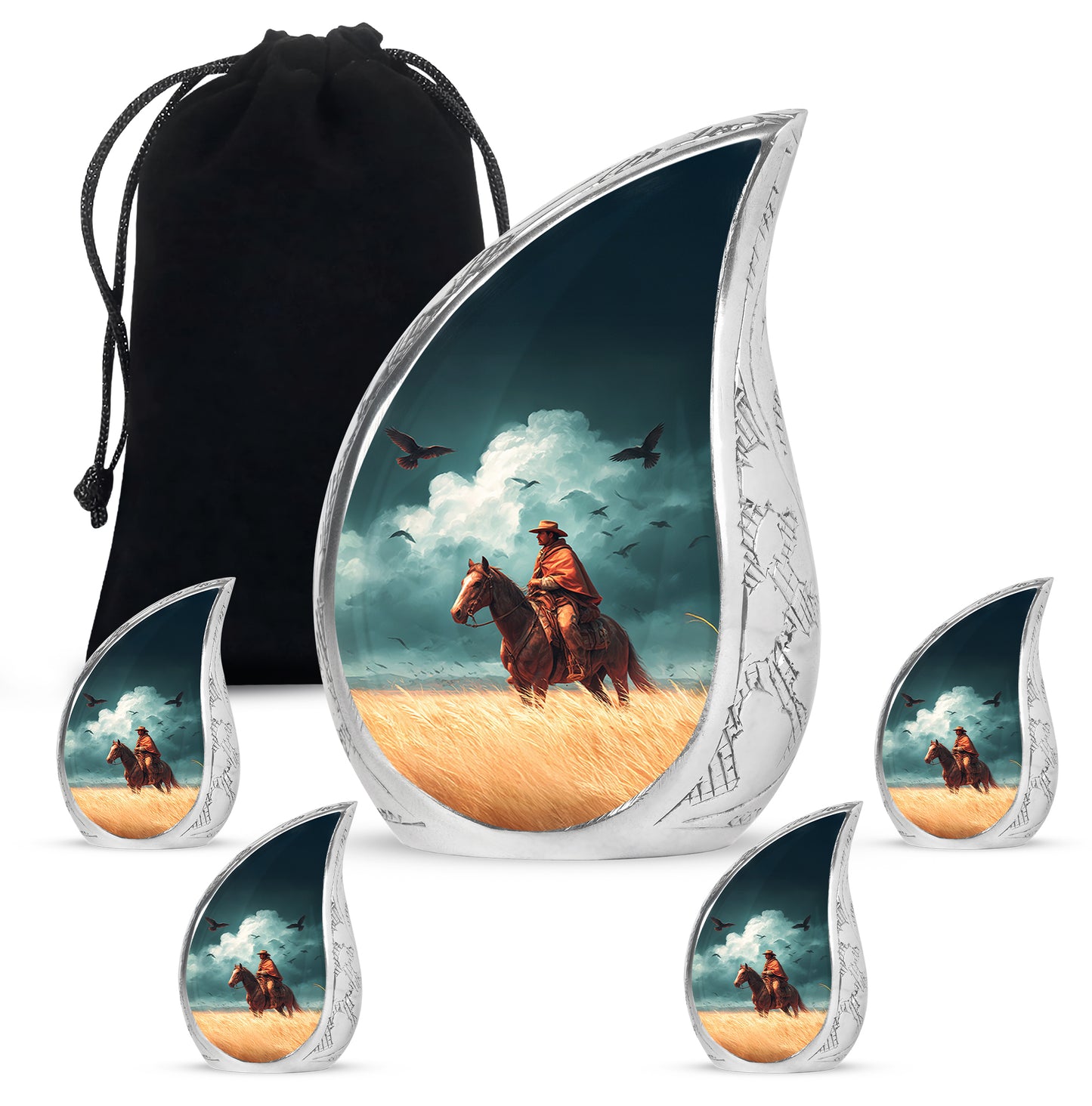 Cool Teal Cowboy Cremation Urn side profile showing urn shape - flowing teardrop cowboy silhouette on curved aluminum - memorial set with one large and four small urns
