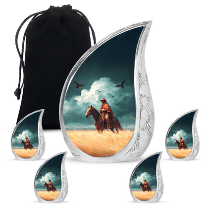 Cool Teal Cowboy Cremation Urn side profile showing urn shape - flowing teardrop cowboy silhouette on curved aluminum - memorial set with one large and four small urns