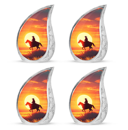 Crimson Red Cowboy Cremation Urn close-up of engraving and surface detail - flowing teardrop cowboy silhouette on curved aluminum - 10 inch aluminum urn for cremated remains
