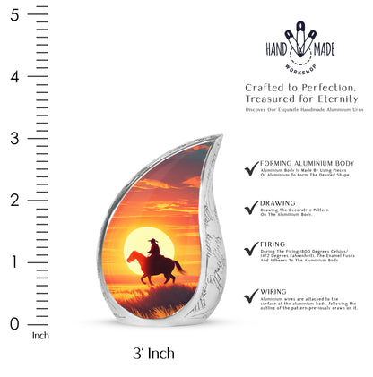 Burgundy Red Cowboy Cremation Urn angled view of lid and engraved motif - rounded teardrop cowboy design with delicate detail - mini keepsake memorial for portion of cremation ashes