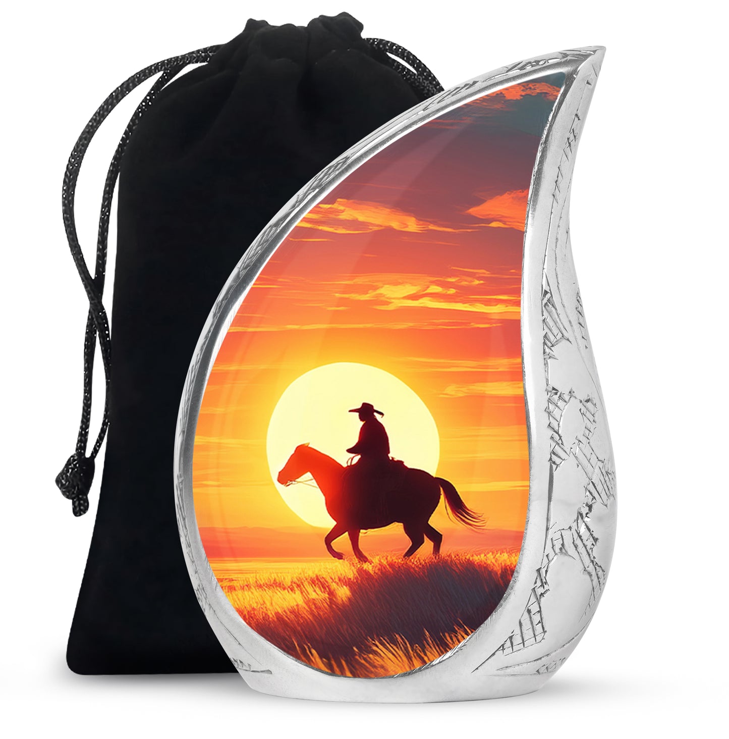 Burgundy Red Cowboy Cremation Urn front view showing detailed design - rounded teardrop cowboy design with delicate detail - full-size 10 inch 200 cubic inch adult cremation urn