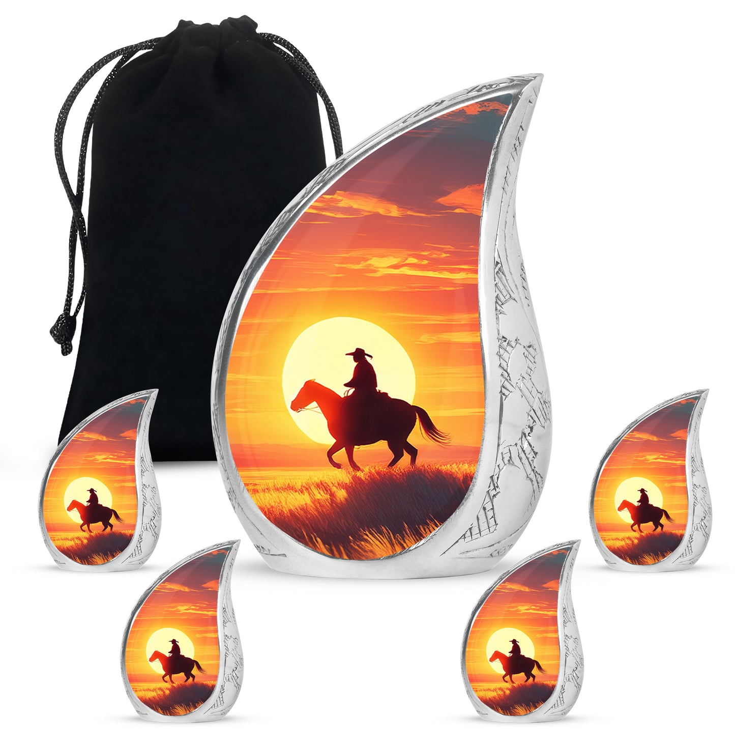 Rich Red Cowboy Cremation Urn side profile showing urn shape - smooth teardrop contour featuring cowboy art - memorial set with one large and four small urns
