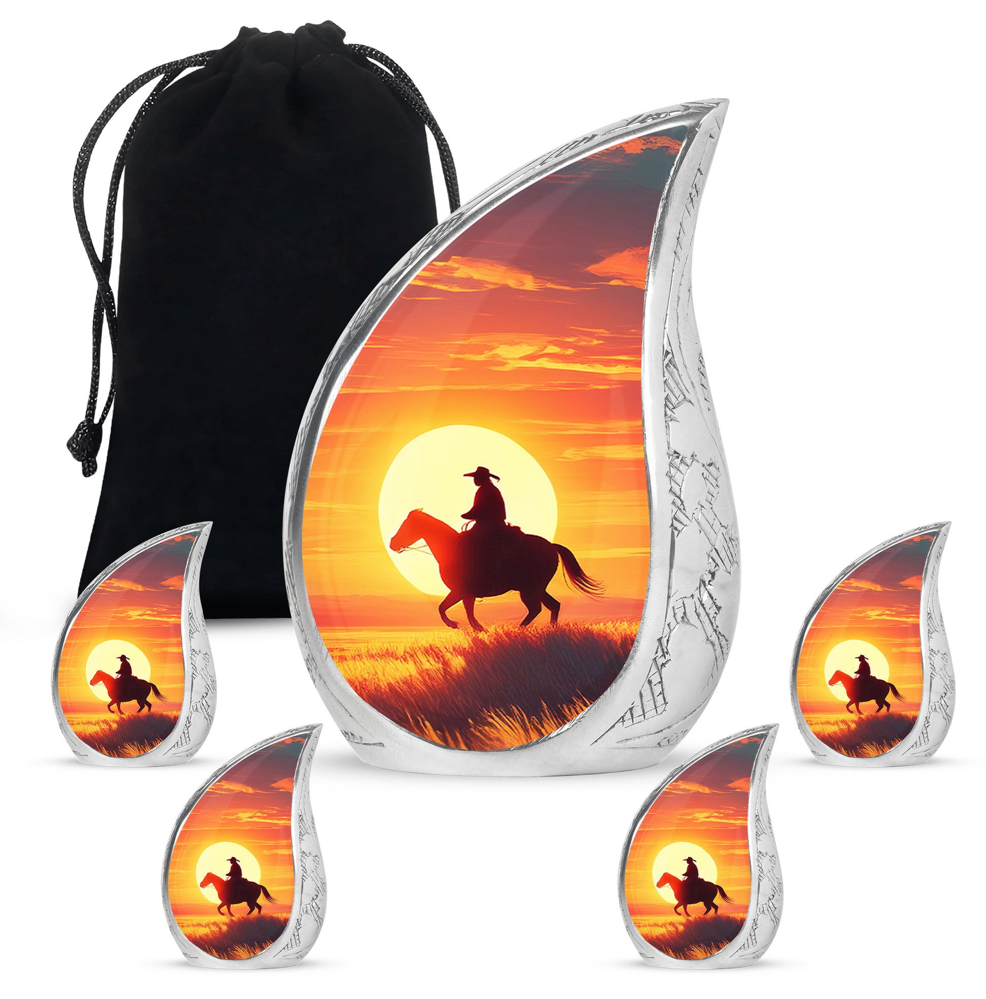 Rich Red Cowboy Cremation Urn side profile showing urn shape - smooth teardrop contour featuring cowboy art - memorial set with one large and four small urns
