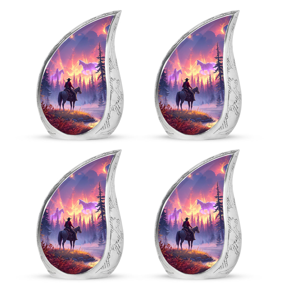 Ruby Red Cowboy Cremation Urn close-up of engraving and surface detail - graceful tear-shaped urn with cowboy motif - 10 inch aluminum urn for cremated remains
