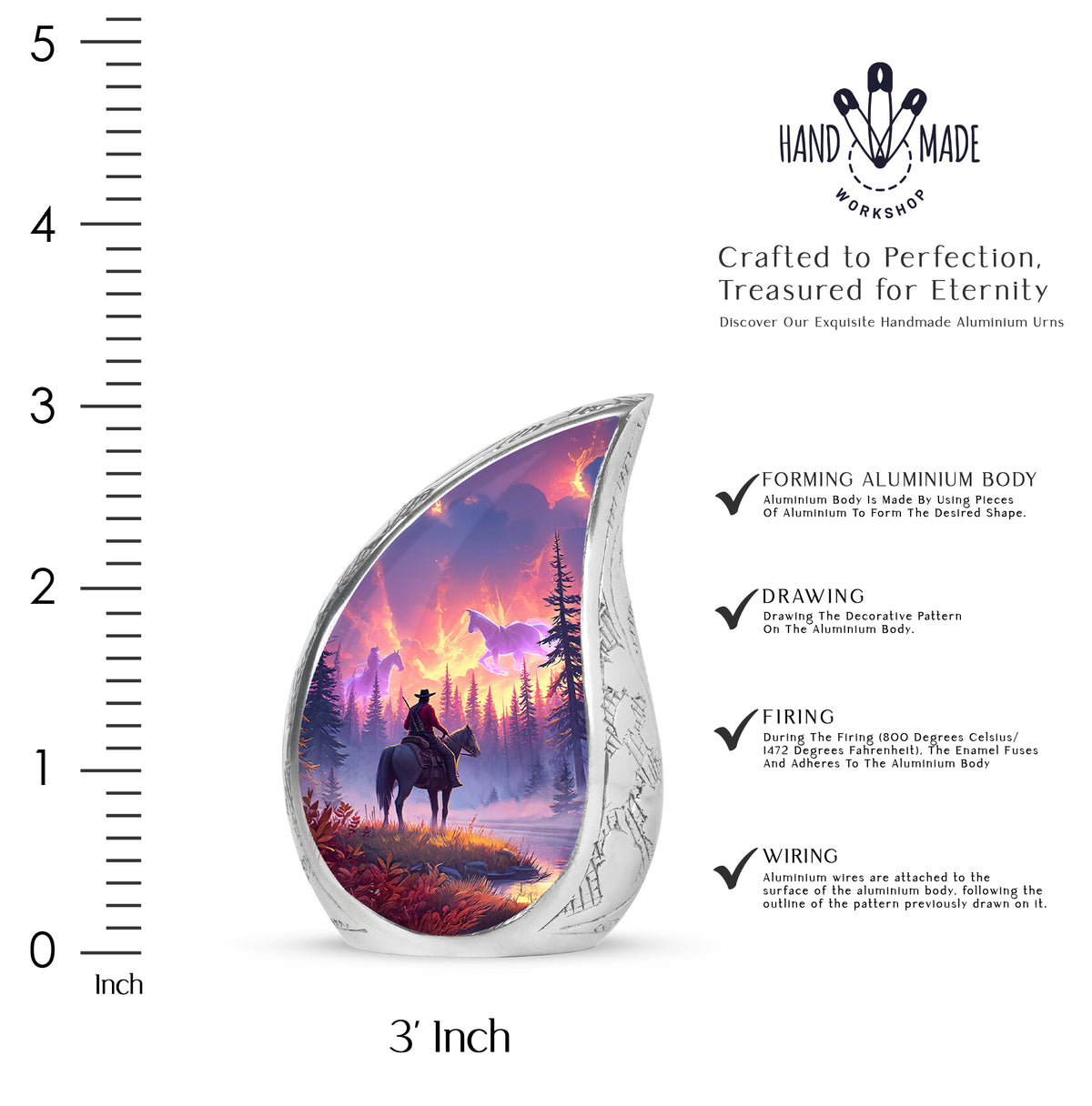 Rich Red Cowboy Cremation Urn angled view of lid and engraved motif - graceful tear-shaped urn with cowboy motif - mini keepsake memorial for portion of cremation ashes