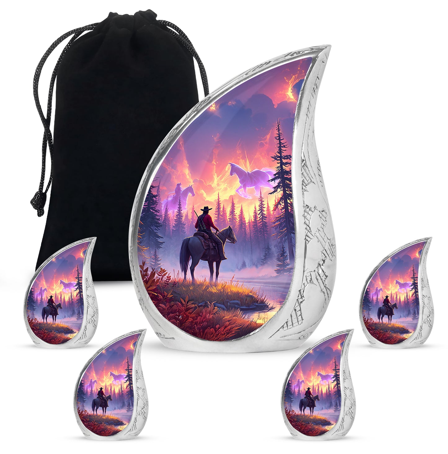 Deep Red Cowboy Cremation Urn side profile showing urn shape - rounded teardrop cowboy design with delicate detail - memorial set with one large and four small urns