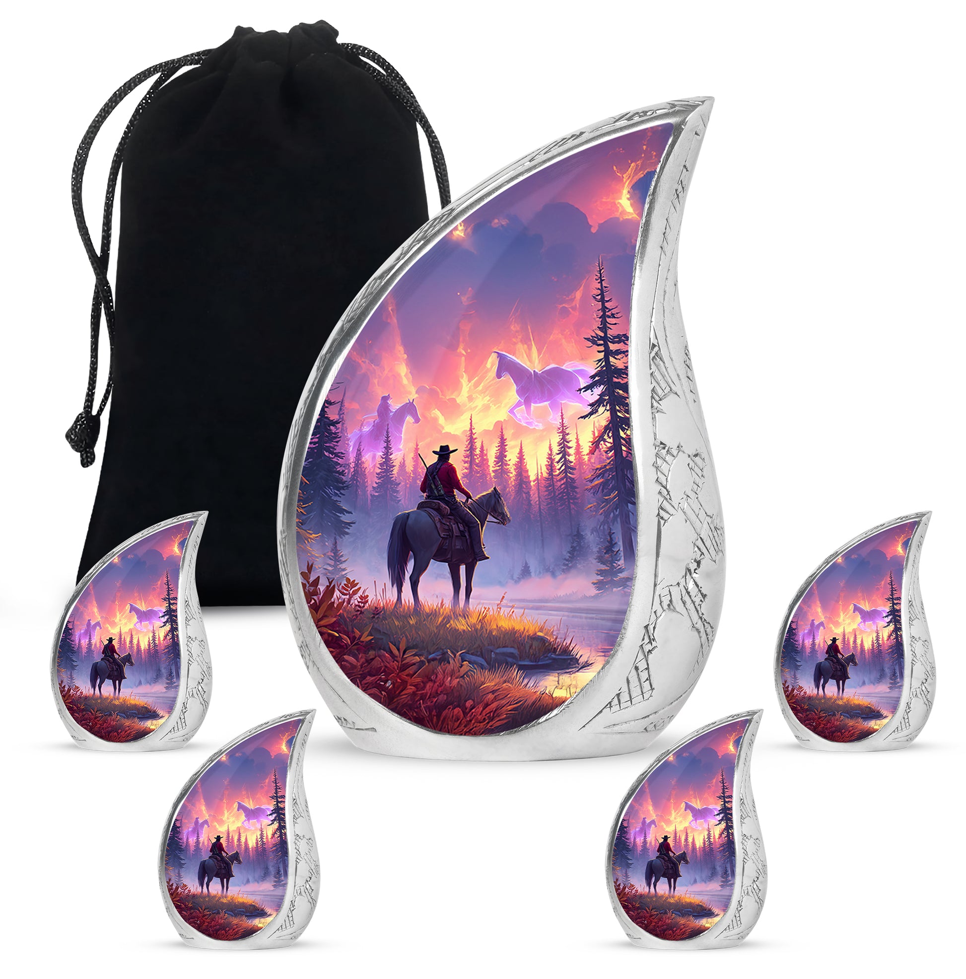 Deep Red Cowboy Cremation Urn side profile showing urn shape - rounded teardrop cowboy design with delicate detail - memorial set with one large and four small urns
