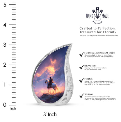 Wine Red Cowboy Cremation Urn angled view of lid and engraved motif - flowing teardrop cowboy silhouette on curved aluminum - mini keepsake memorial for portion of cremation ashes