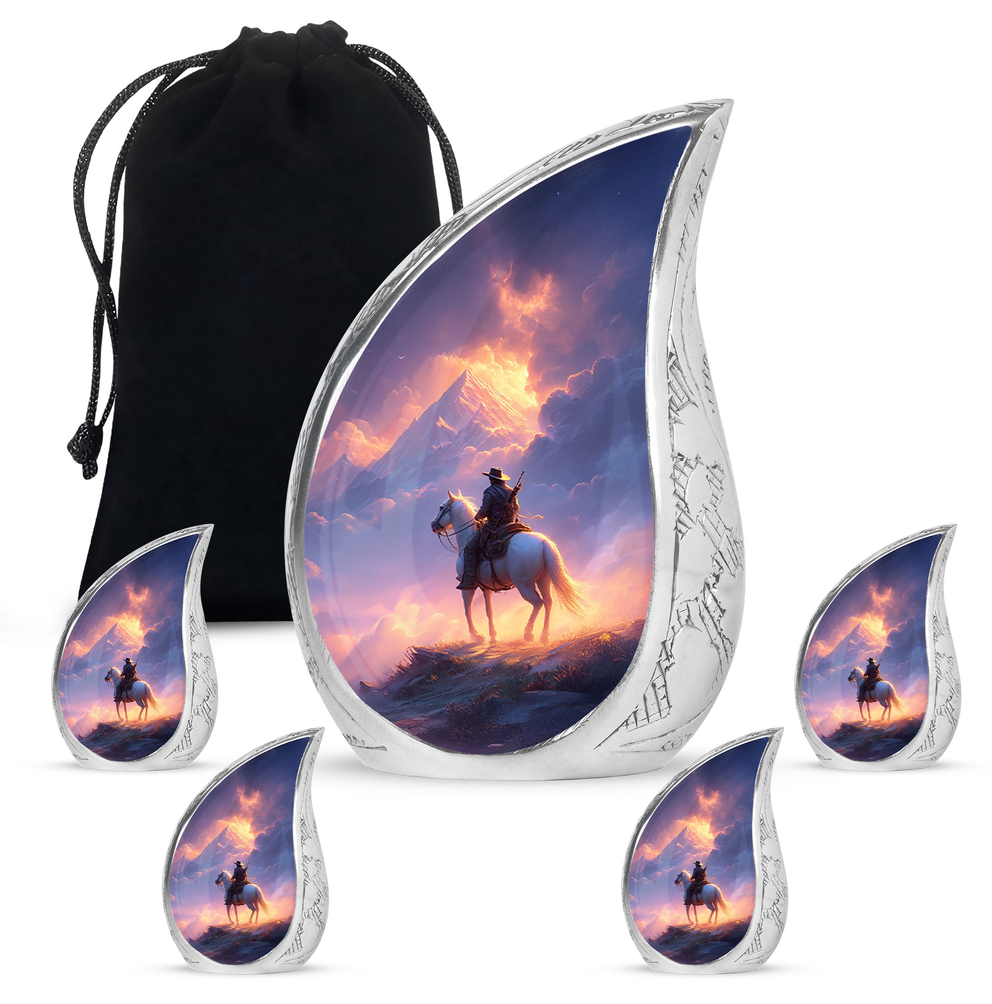 Garnet Red Cowboy Cremation Urn side profile showing urn shape - flowing teardrop cowboy silhouette on curved aluminum - memorial set with one large and four small urns