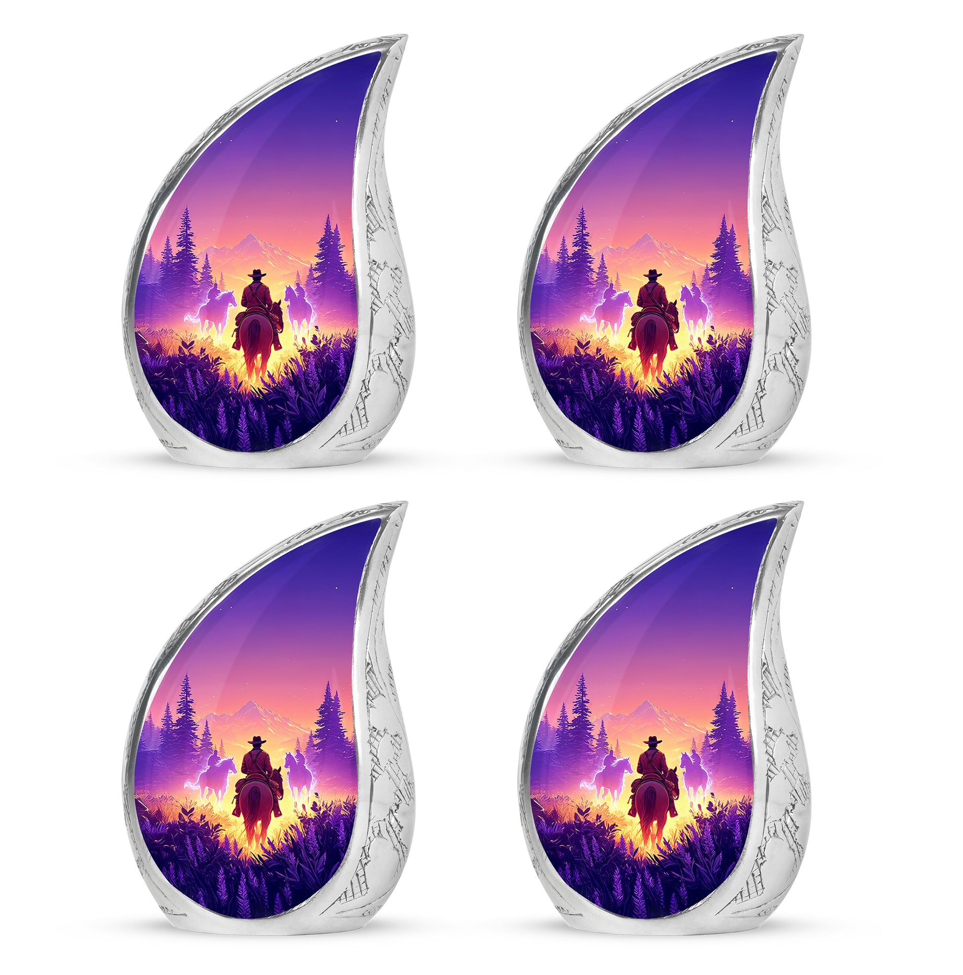 Rose Pink Cowboy Cremation Urn close-up of engraving and surface detail - rounded teardrop cowboy design with delicate detail - 10 inch aluminum urn for cremated remains