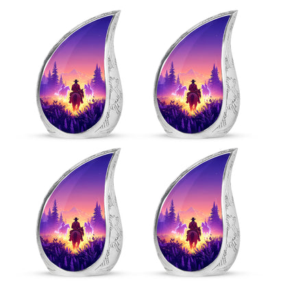Rose Pink Cowboy Cremation Urn close-up of engraving and surface detail - rounded teardrop cowboy design with delicate detail - 10 inch aluminum urn for cremated remains