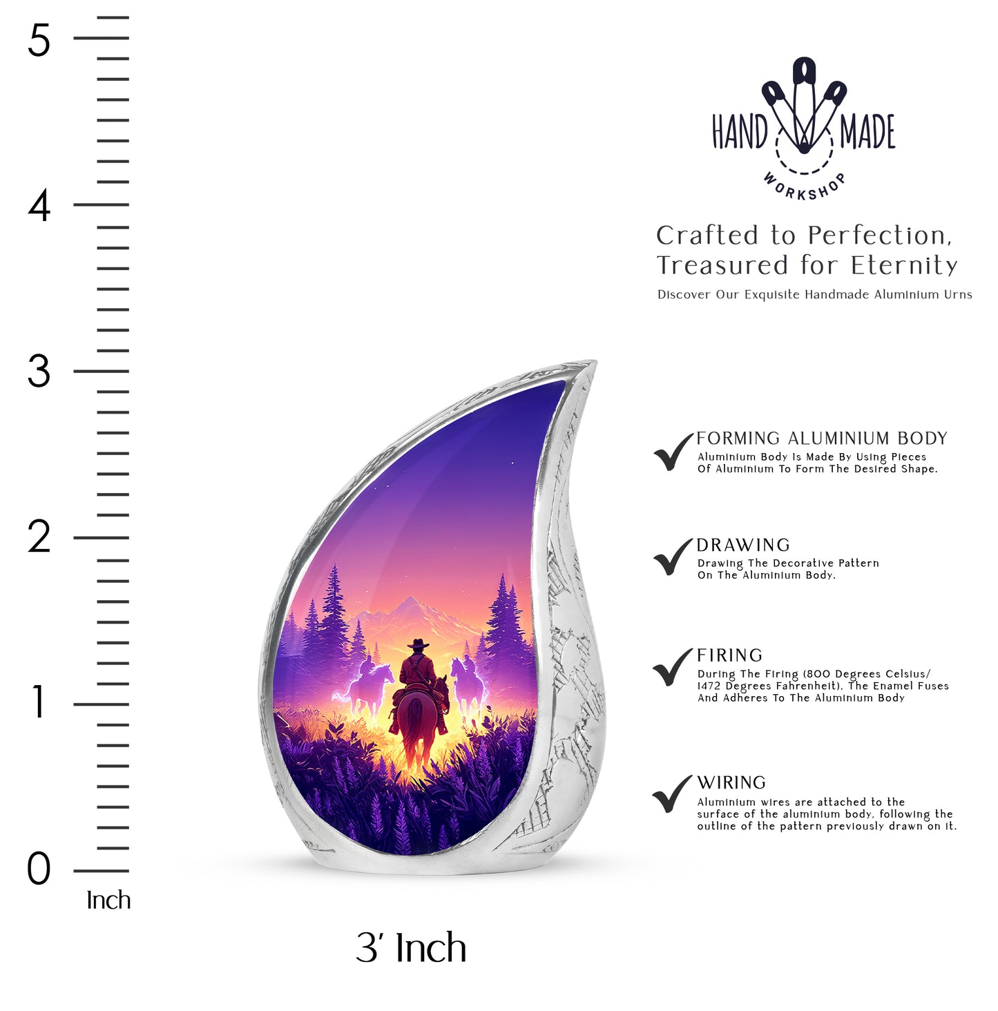 Salmon Pink Cowboy Cremation Urn angled view of lid and engraved motif - graceful tear-shaped urn with cowboy motif - mini keepsake memorial for portion of cremation ashes