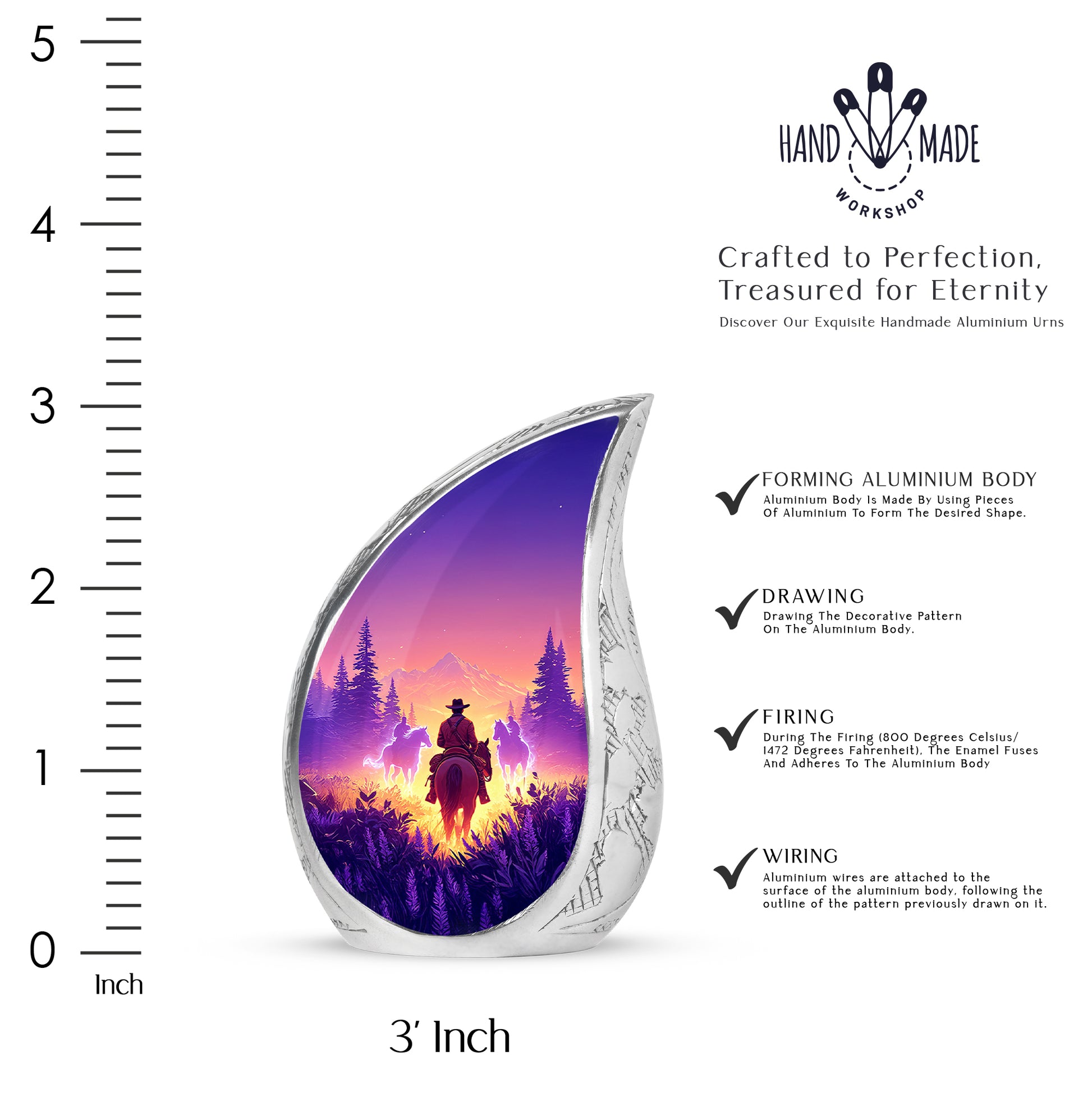 Salmon Pink Cowboy Cremation Urn angled view of lid and engraved motif - graceful tear-shaped urn with cowboy motif - mini keepsake memorial for portion of cremation ashes